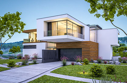 Moderní luxusní dům s kombinací bílé omítky a dřevěných prvků, včetně elegantní garáže s posuvnými vraty, obklopený upravenou zahradou.